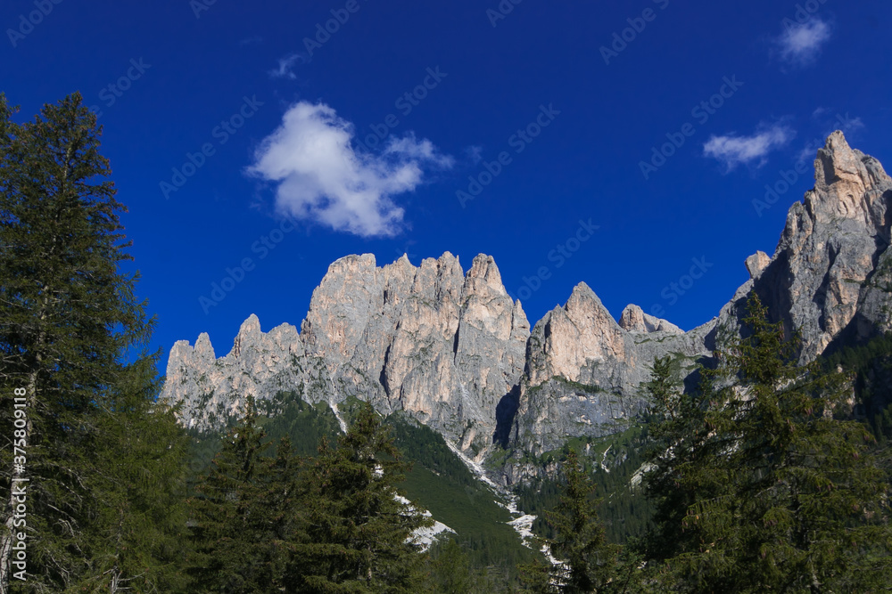 Panoramic view of high mountains in Val di Fassa on summer day of sun with blue sky, Trentino Dolomites, Italy
