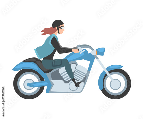 Young Woman Riding Motorcycle  Side View of Girl Biker Character in Casual Clothes and Helmet Driving Blue Chopper Cartoon Style Vector Illustration