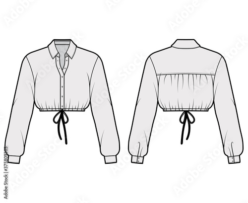 Cropped shirt technical fashion illustration with basic collar, long sleeves, drawstring hem, front button-fastening. Flat apparel blouse template front, back, grey color. Women unisex top CAD mockup