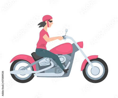 Young Woman Riding Motorcycle, Side View of Girl Biker Character in Helmet Driving Chopper Cartoon Style Vector Illustration