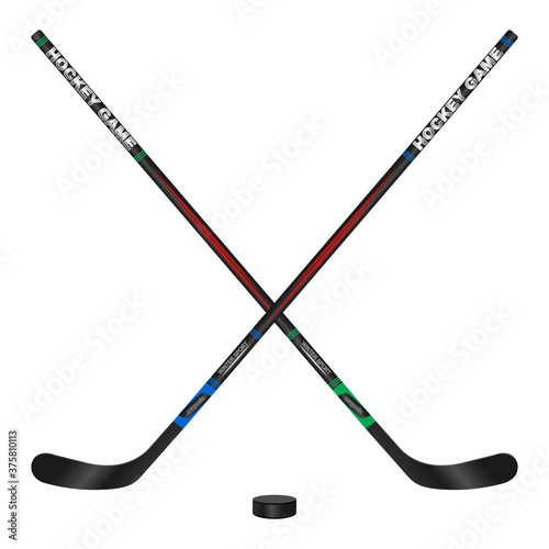 Crossed hockey sticks and puck, 3d vector illustration
