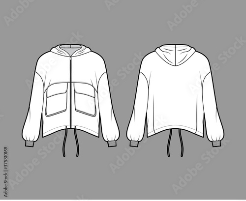 Zip-up hooded paneled track jacket technical fashion illustration with utility flap pockets, oversized, long sleeves, drawcord hem. Flat coat template front, back white color. Women men unisex top CAD