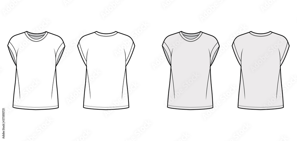 Boyfriend cotton-jersey T-shirt technical fashion illustration with classic crew neckline, short cap sleeves, oversized. Flat apparel template front back white grey color. Women, unisex top CAD mockup Boyfriend cotton-jersey T-shirt technical fashion illustration with classic crew neckline, short cap sleeves, oversized. Flat apparel template front back white grey color. Women, unisex top CAD mockup