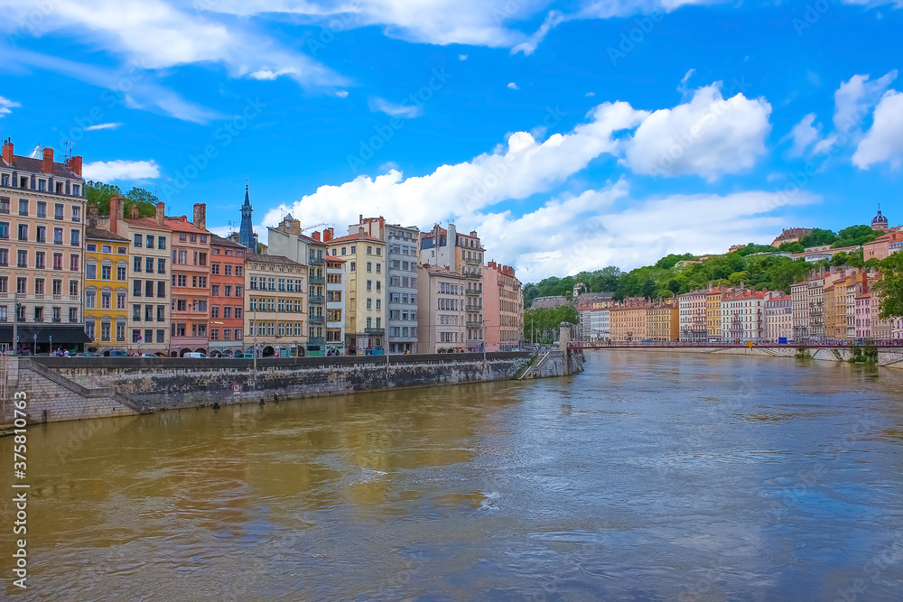 View from river Sona to the bridge and Lyon city,