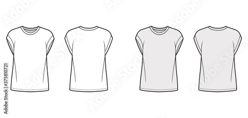 Boyfriend cotton-jersey T-shirt technical fashion illustration with classic crew neckline, short cap sleeves, oversized. Flat apparel template front back white grey color. Women, unisex top CAD mockup