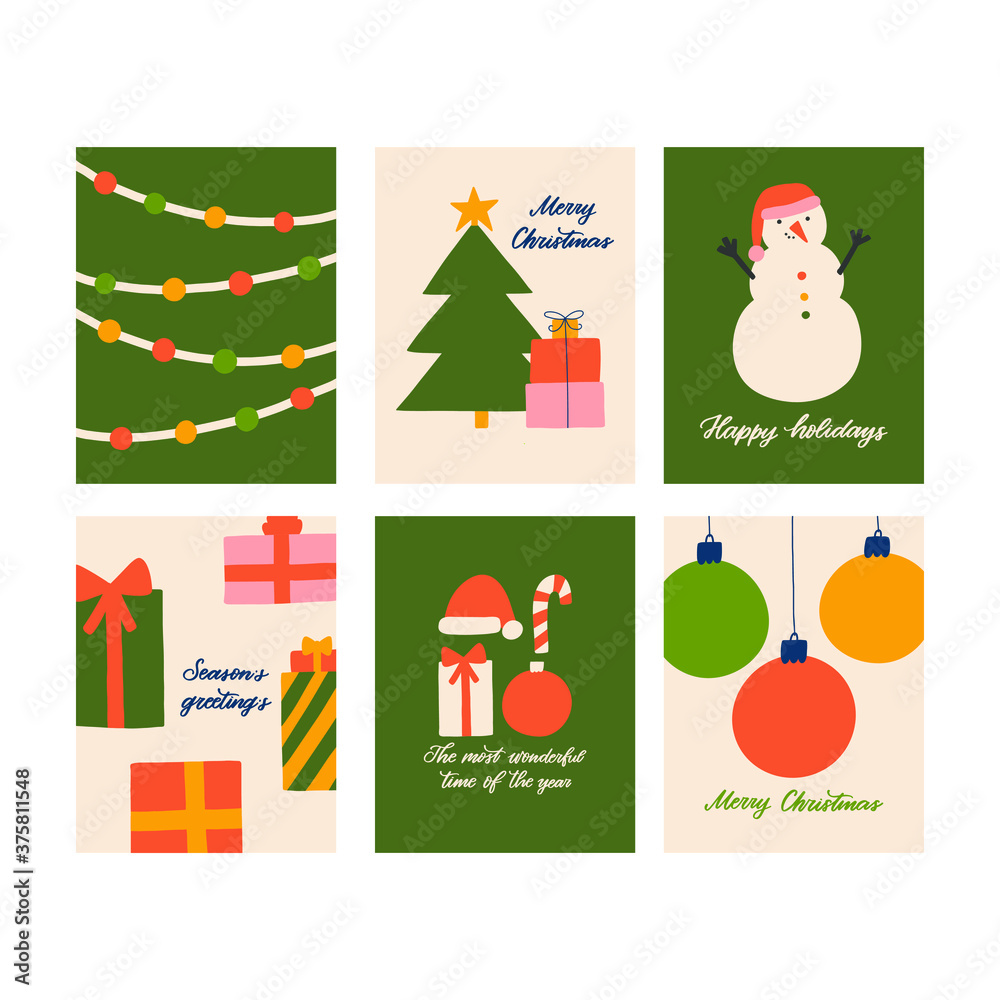 Hand drawn Christmas greeting cards set. Great prints for invitations, posters, tags. Festive banners in flat cartoon style, vintage colors. Merry Christmas. Happy holidays. Season's greetings Hand drawn Christmas greeting cards set. Great prints for invitations, posters, tags. Festive banners in flat cartoon style, vintage colors. Merry Christmas. Happy holidays. Season's greetings