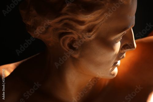 Ritratto di giovane uomo, primo piano di testa in terracotta di provenienza europea, scultura su fondo scuro