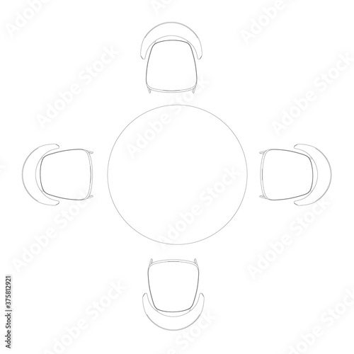 Outline chairs stand around the table. View from above. Vector illustration