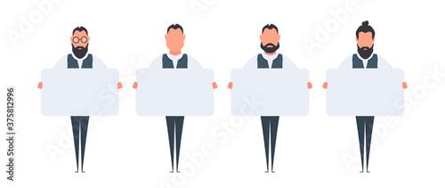 Set of Men holding a blank banner isolated on white background. Businessman. Blank poster with place for text. The guy shows the poster. Vector.