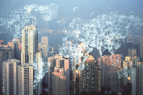 Double exposure of social network theme drawing and cityscape background. Concept of people connecton. © peshkova