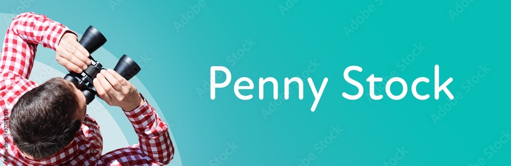 Fototapeta premium Penny Stock. Mann bei Beobachtung mit Fernglas. Fokus auf Text/Wort. Panorama Format. Hintergrund blau/türkis.