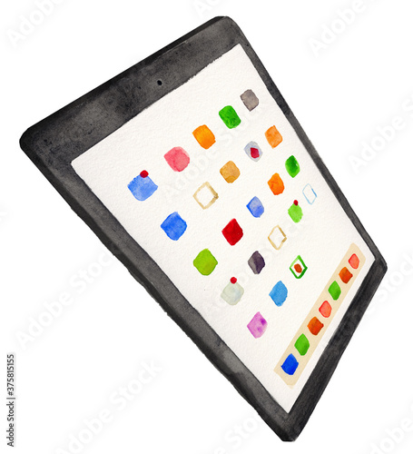 watercolor illustration of tablet on a white background