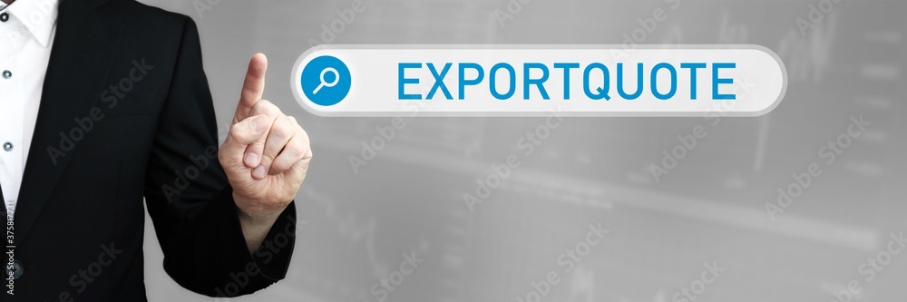 Exportquote. Mann zeigt mit Finger auf Suchfeld im Internet-Browser. Wort/Text (blau) in der Suche. Exportquote. Mann zeigt mit Finger auf Suchfeld im Internet-Browser. Wort/Text (blau) in der Suche.