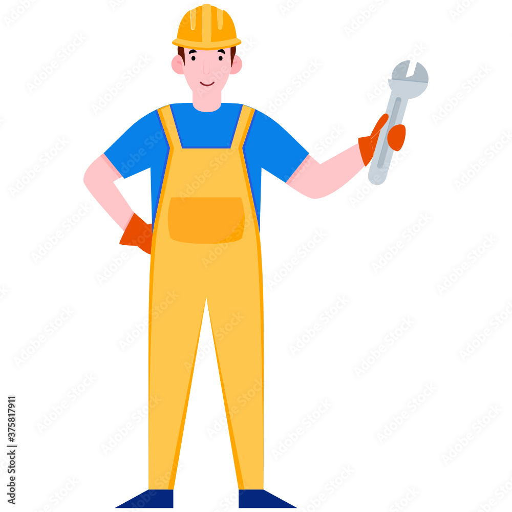 A person wearing hard hat and holding spanner, labor concept vector A person wearing hard hat and holding spanner, labor concept vector