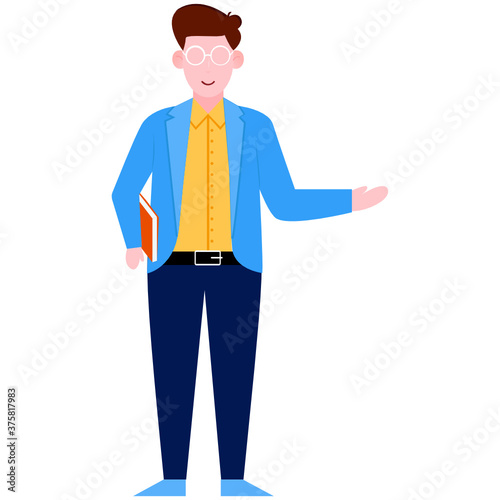 
design vector of teacher, a mae avatar holding book in hand 
