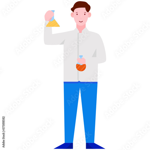 
Chemist illustration in trendy design, person holding test tubes in hands 
