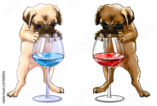 little puppy of two colors with a glass of wine. A bulldog pug puppy stands on two legs and holds on to a glass of colored water. bulldog puppy looking at water in a glass