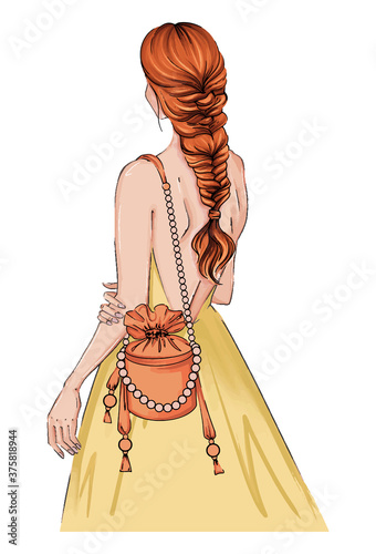 Hand drawn illustration woman in a dress with fashion bag. Beautiful fashion art girl stands with her back in a yellow dress. bride woman, stands hairstyle. Bridal card illustration dress, bag pearls