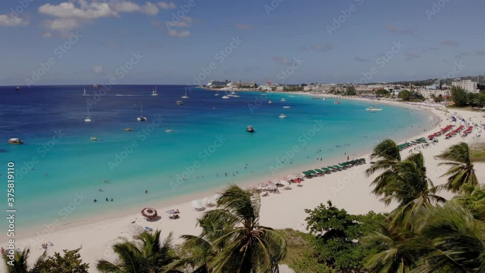 Aerial of the beautiful beach in Barbados. Drone flying dolly over palm trees, beach blue water and boats 
