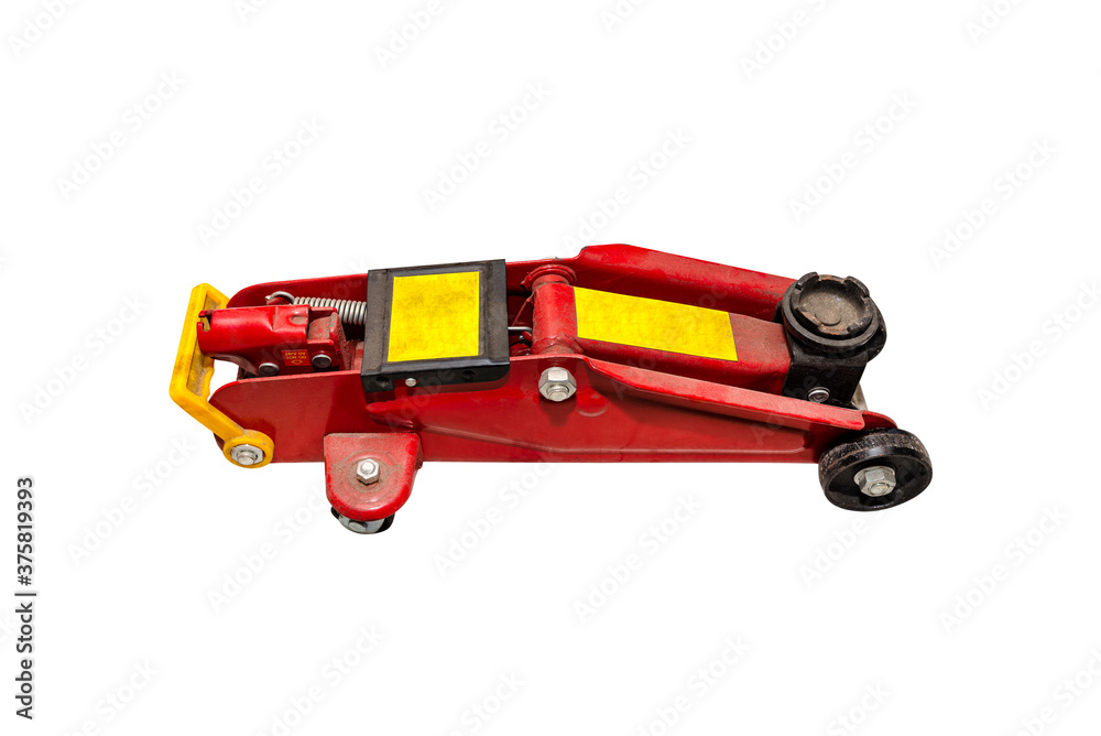 Old, red car hydraulic jack, isolated on a white background with a clipping path.