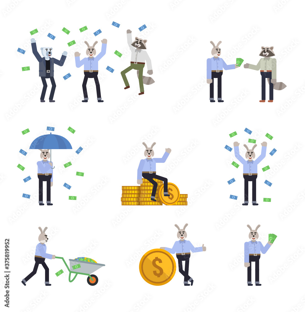 Set of rabbit characters in blue shirt posing with money. Cheerful hare standing with umbrella under money rain and showing other actions. Flat design vector illustration