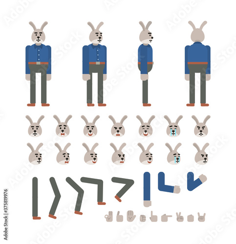 Rabbit character in dark blue shirt creation set. Create your own pose, action, animation. Flat design vector illustration