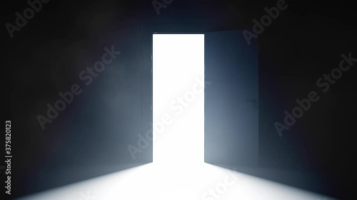 A door opening out of the dark. Rays of light fill in. 3d animation.