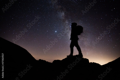 Silhouette of a hiker standing with a milky way behind in Sierra Nevada, Spain