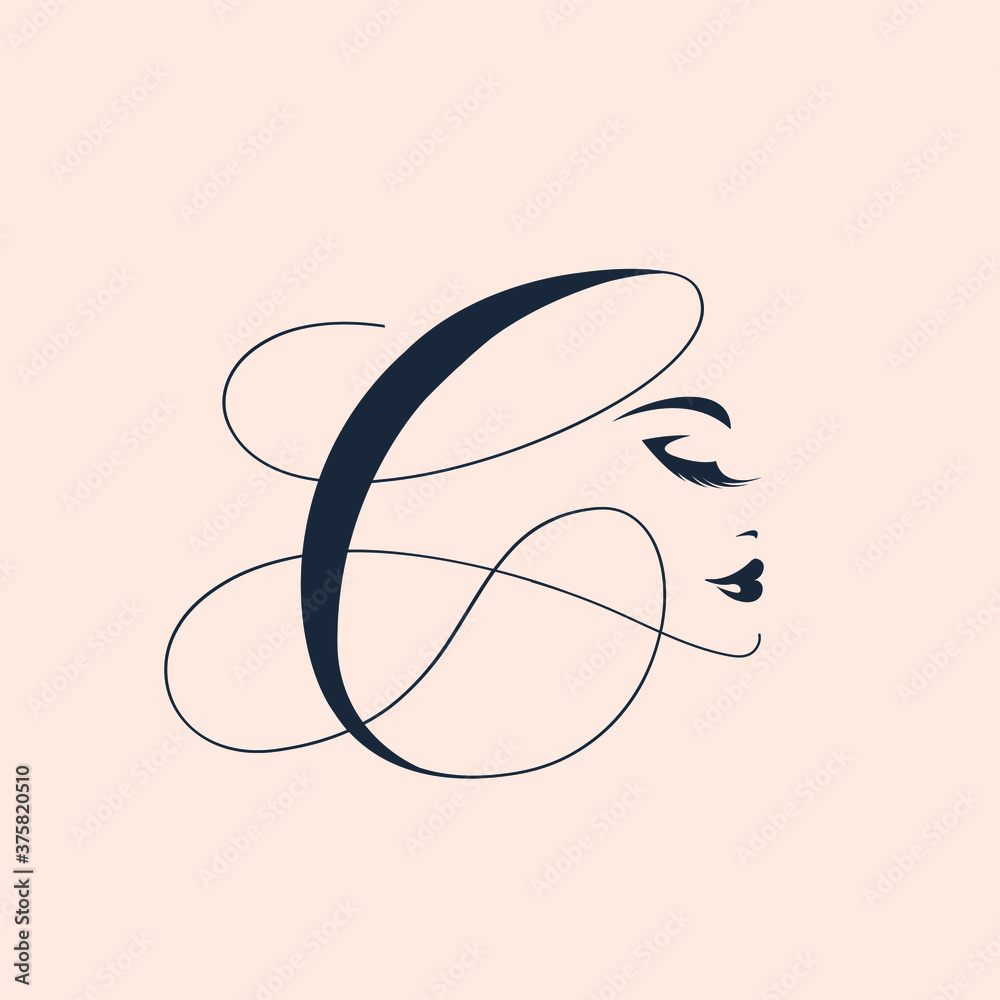 Woman face silhouette and abstract letter C.Lettering icon and profile view  portrait.Beauty salon, hair, cosmetics and spa logo.Calligraphic lines  isolated on light fund.Elegant makeup. Stock Vector | Adobe Stock