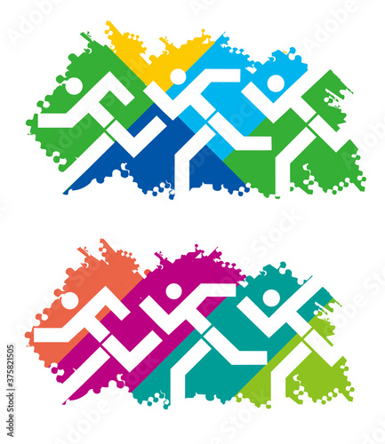 


Runners competition, fitness running.
Abstract stylized illustrations of race runners on the colorful grunge background. Vector available. 