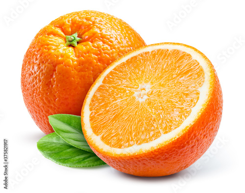 Orange fruit isolate. Orange citrus on white background. Whole and a half of orange fruit with leaves. Clipping path. Full depth of field.