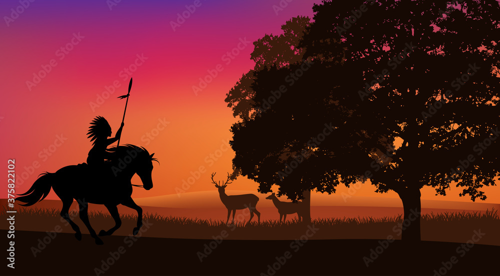 vector silhouette scene with native american indian chief riding horse ...