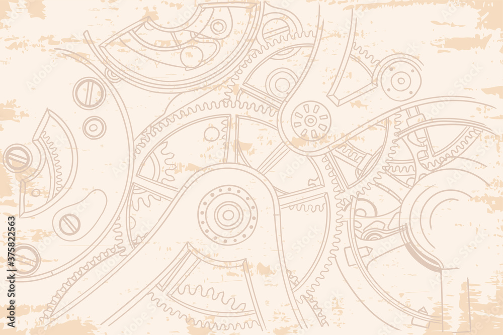 Vintage old beige background with gears from the clockwork.