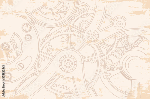 Vintage old beige background with gears from the clockwork. © migfoto