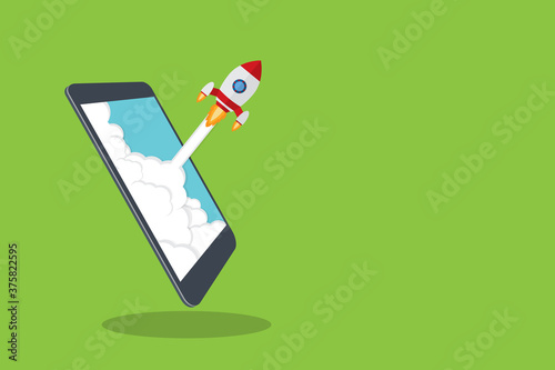App launch. Startup vector concept, flat cartoon rocket or rocketship launch, mobile phone or smartphone, idea of successful business project start up, boost technology, innovation.