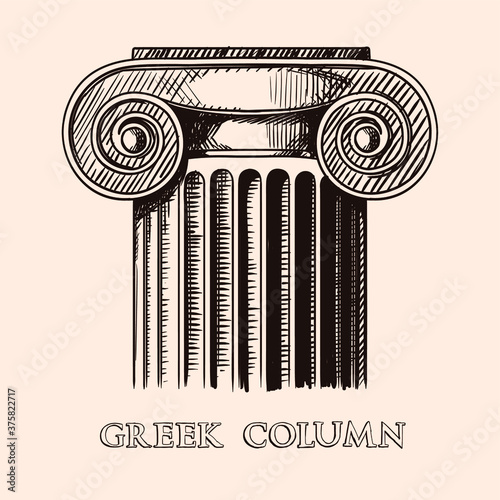 The capital of an ancient Greek column. Hand drawing sketch isolated on beige background.