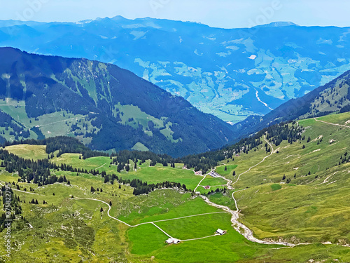 Panorama from the alpine peak Brünighaupt (Bruenighaupt or Brunighaupt) above the Melchtal valley (or Melch valley) and in the Uri Alps mountain massif, Melchtal - Canton of Obwalden, Switzerland photo