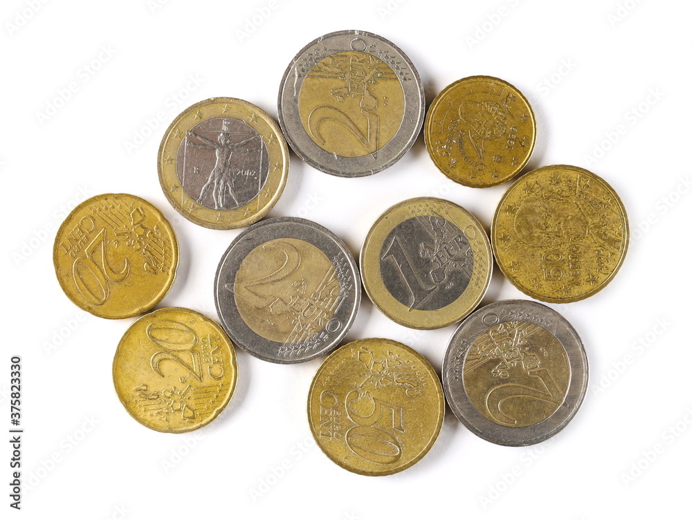 Euro coins, change isolated on white background, top view Euro coins, change isolated on white background, top view