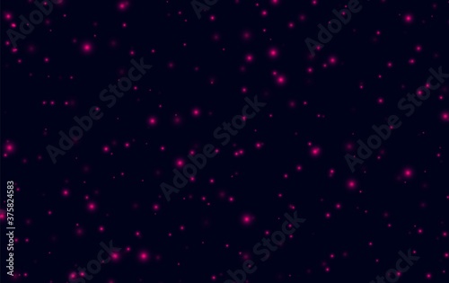 Pink sparkles on a dark blue background, fireflies flying in the night. Abstract lightning bugs in the evening sky. Glowing stardust light effect. Vector backdrop.