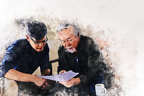 Abstract colorful happiness father and son talking and sharing discussion lifestyle for domestic life at home on watercolor illustration painting background.