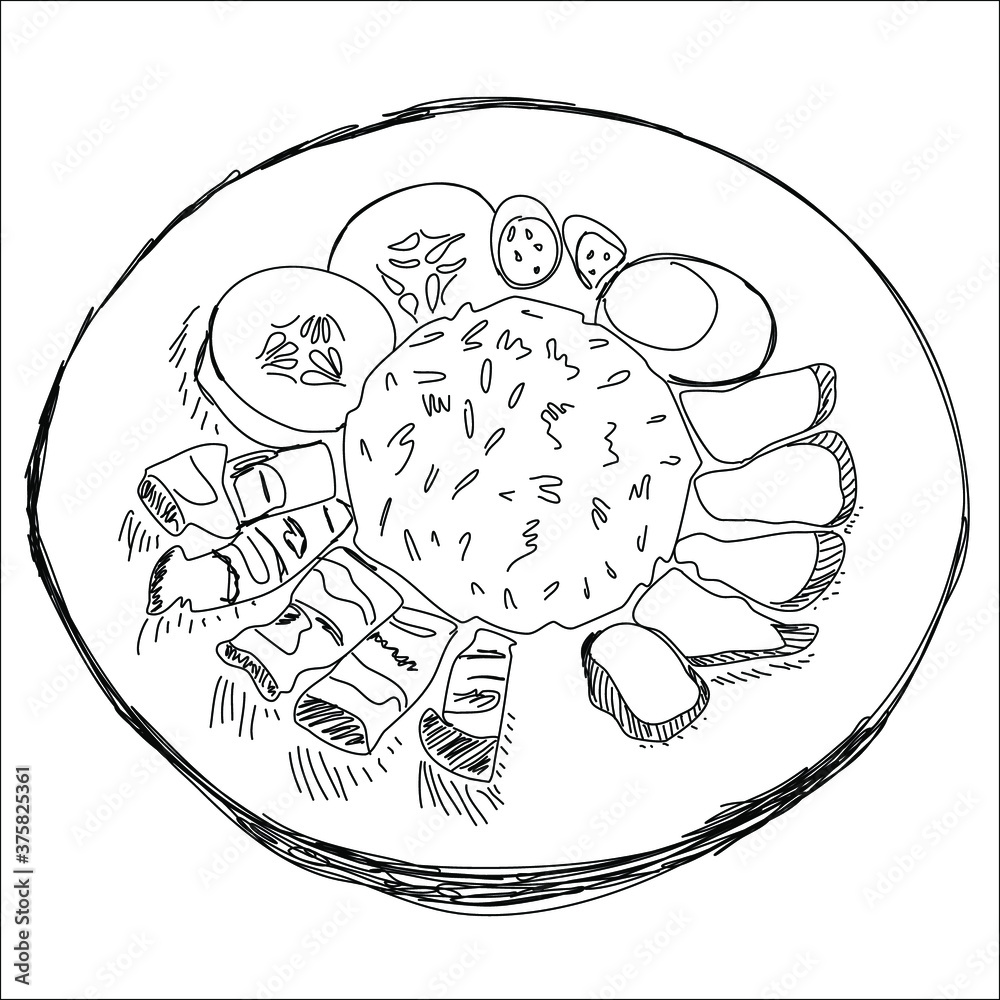 Kao Moo Dang in black and white pencil drawn. Kao Na Phet. Kao Mok Gai