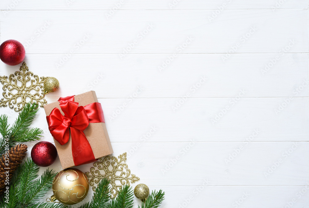 Christmas white background with fir, gifts and decor. Top view with space for copy. Christmas white background with fir, gifts and decor. Top view with space for copy.