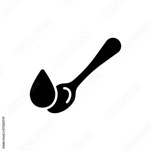 Silhouette teaspoon with drop. Dose of oil, syrup, medicine. Outline icon of pour liquid into measuring spoon. Black illustration of soup, mashed food, baby puree. Isolated vector on white background