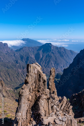 The top of the Caldera de Taburiente volcano near Roque de los Muchachos one summer afternoon, La Palma, Canary Islands. Spain