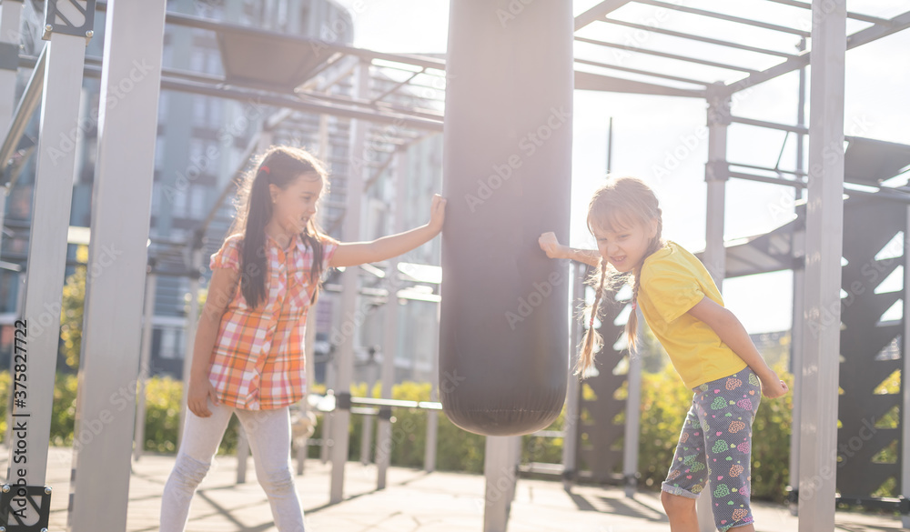 Fototapeta premium Two cute little girls having fun on a playground outdoors in summer. Sport activities for kids.