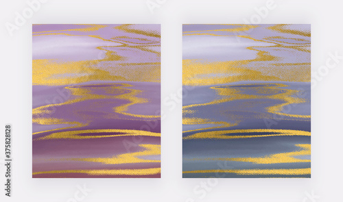 Blue, gold and pink watercolor brush stroke backgrounds. 