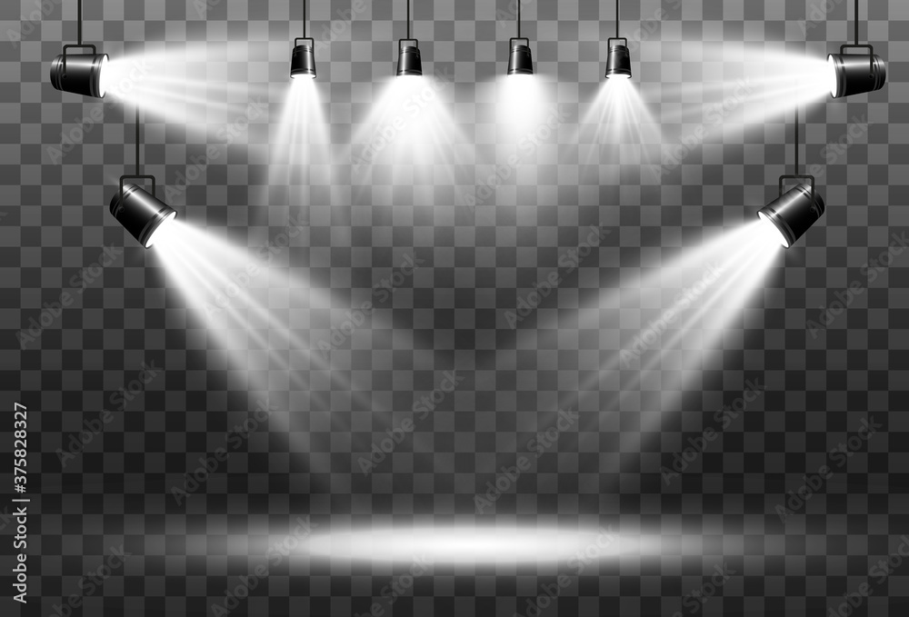 Collection of spotlights on a transparent background. Lighting equipment for highlighting various events and places. - obrazy, fototapety, plakaty 