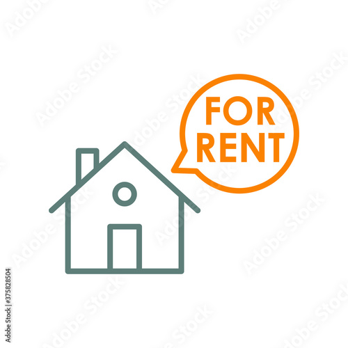 Concepto Real Estate. Venta de inmuebles. Icono plano lineal casa con texto For Rent en burbuja de habla en gris y naranja
