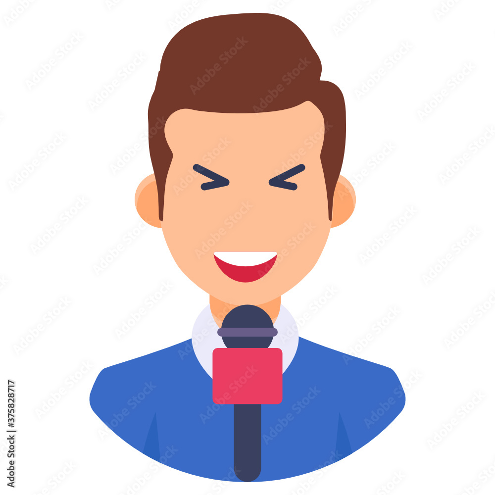 
A male avatar holding mic, reporter in modern flat style 
