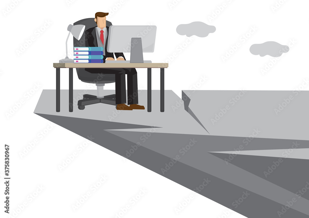 Mataphor of businessman on the edge of the cliff working. Concept of risk taking or dangerous corporate operation. Mataphor of businessman on the edge of the cliff working. Concept of risk taking or dangerous corporate operation.